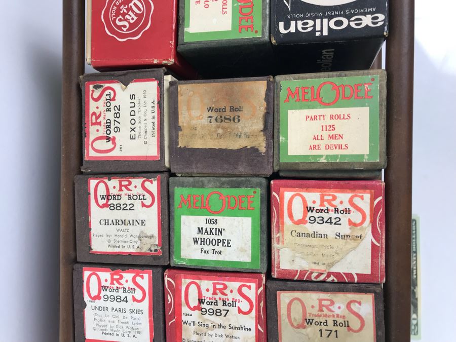 Wooden Piano Roll Storage Rack Containing Various Vintage Piano Rolls For Player Piano [Photo 6]