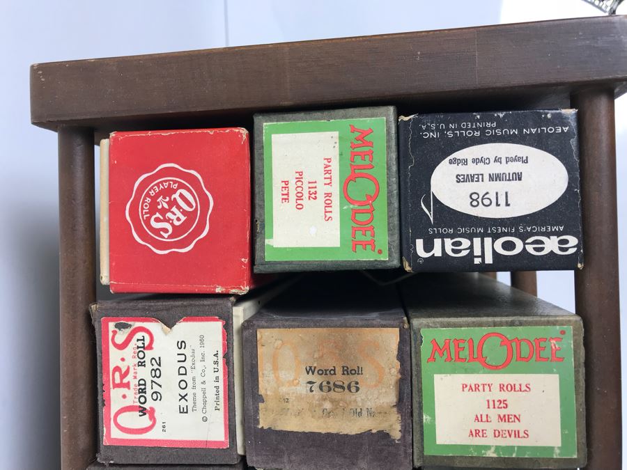 Wooden Piano Roll Storage Rack Containing Various Vintage Piano Rolls For Player Piano [Photo 7]