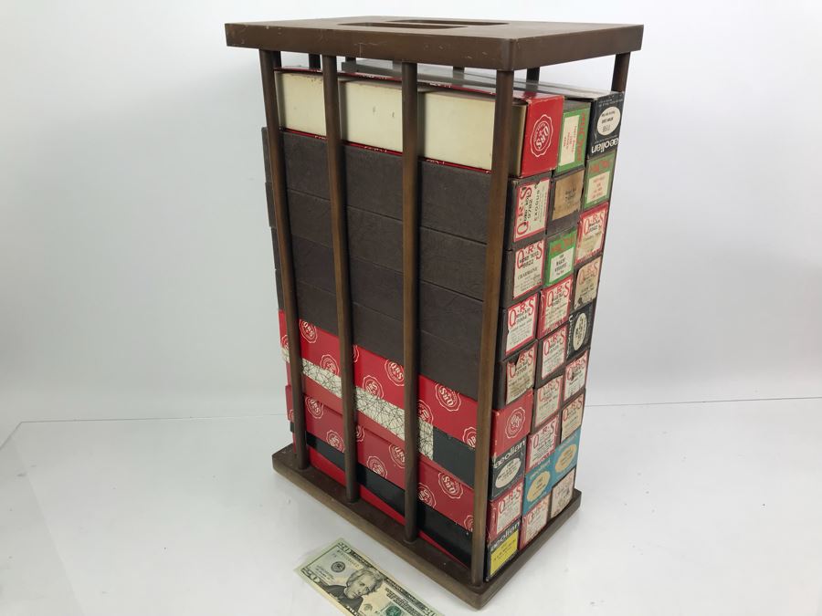 Wooden Piano Roll Storage Rack Containing Various Vintage Piano Rolls For Player Piano [Photo 1]
