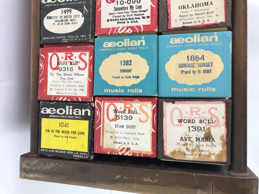 Wooden Piano Roll Storage Rack Containing Various Vintage Piano Rolls For Player Piano [Photo 3]