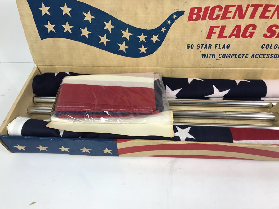 New Old Stock Two In One Bicentennial Flag Set With 50 Star Flag And Colonial Flag With Complete Accessories In Original Box [Photo 2]