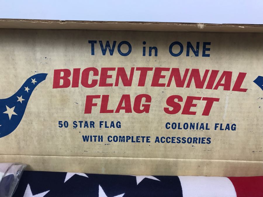 New Old Stock Two In One Bicentennial Flag Set With 50 Star Flag And Colonial Flag With Complete Accessories In Original Box [Photo 3]