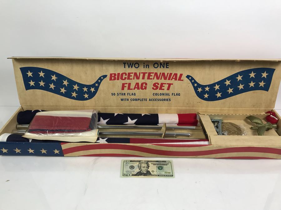 New Old Stock Two In One Bicentennial Flag Set With 50 Star Flag And Colonial Flag With Complete Accessories In Original Box [Photo 1]