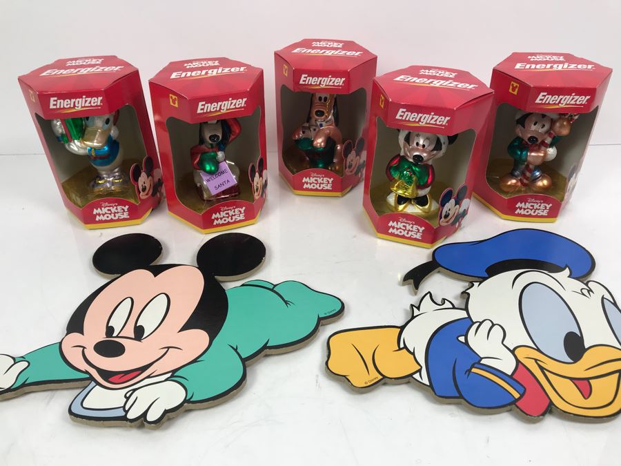 (5) Disney's Mickey Mouse Energizer Advertising Christmas Ornaments And Mickey Mouse And Donald Duck Wall Artwork
