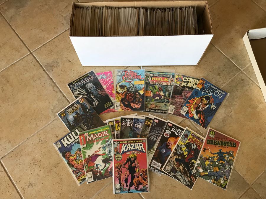 LONG Box Of Vintage Comic Books Featuring Lots Of 1st Issues Including First Issues Of Blade Runner, Kazar The Savage, Magik, Kull The Conqueror, Krull, The A-Team, The Dark Crystal And More - See All Photos For Sampling