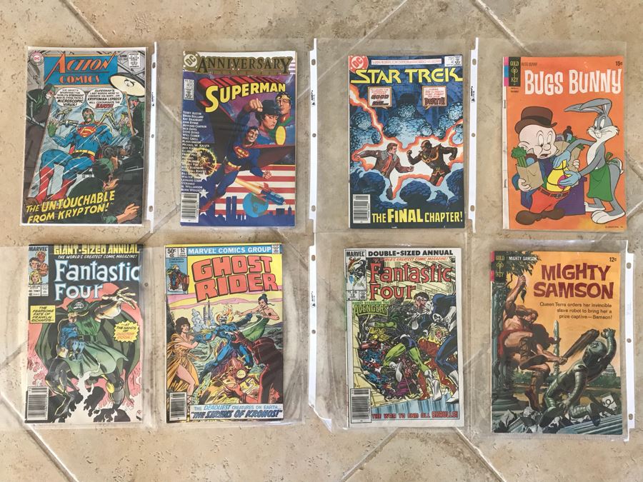 (8) Vintage Comic Books: Action Comics, Superman, Star Trek, Bugs Bunny, Fantastic Four, Ghost Rider, Mighty Samson [Photo 1]