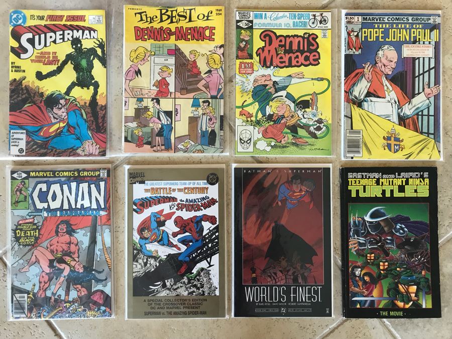 (8) Vintage Comic Books Including First Issues: Superman, Dennis The Menace, The Life Of Pope John Paul II, Teenage Mutant Ninja Turtles The Movie [Photo 1]