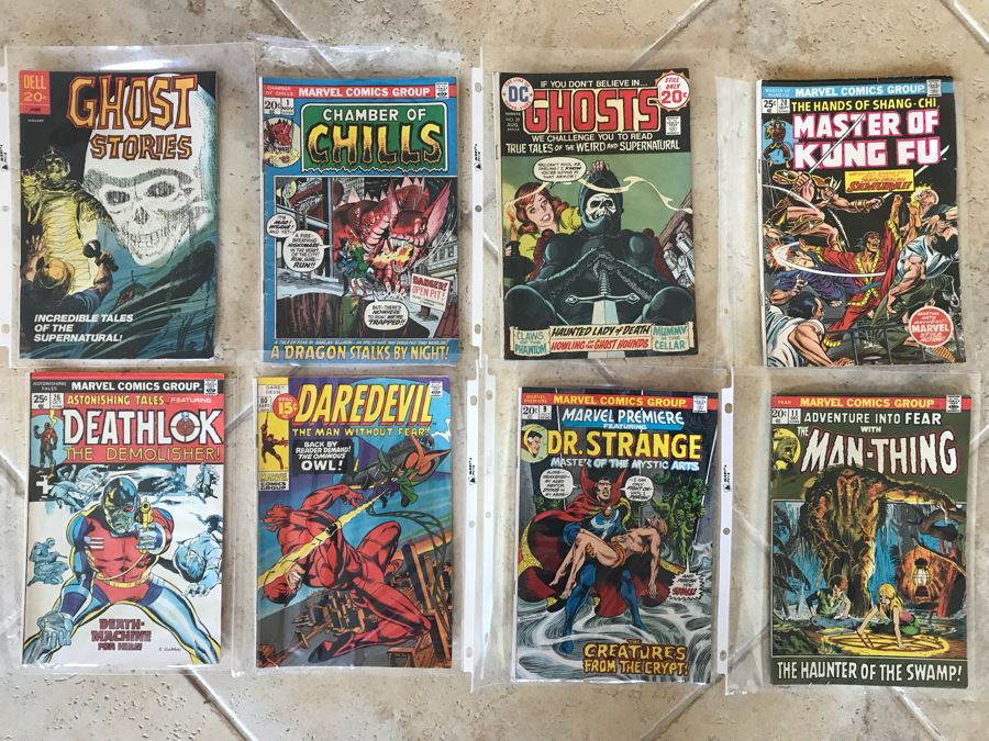 (8) Marvel DC Comic Books: Chamber Of Chills, Ghosts, Master Of Kung Fu, Astonishing Tales Featuring Deathlok, Daredevil, Marvel Premiere Dr. Strange, The Man-Thing, Dell Ghost Stories [Photo 1]