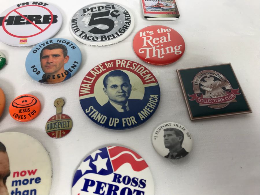 Collection Of Various Vintage Buttons Including Vintage Presidential 