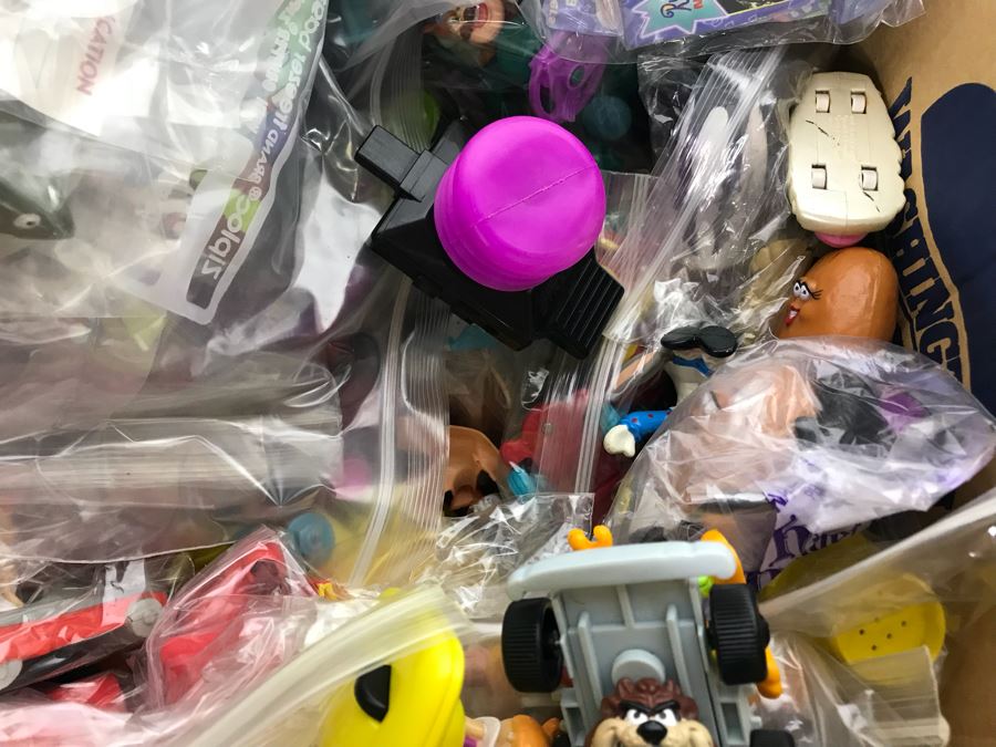 (3) Large Boxes Filled With Various McDonalds And Burger King Happy Meal Toys, Hot Wheels Posters, Sealed Nickelodeon Trivia Game, Winchester Stearman Biplane, San Diego State Chevron Car - See All Photos [Photo 21]