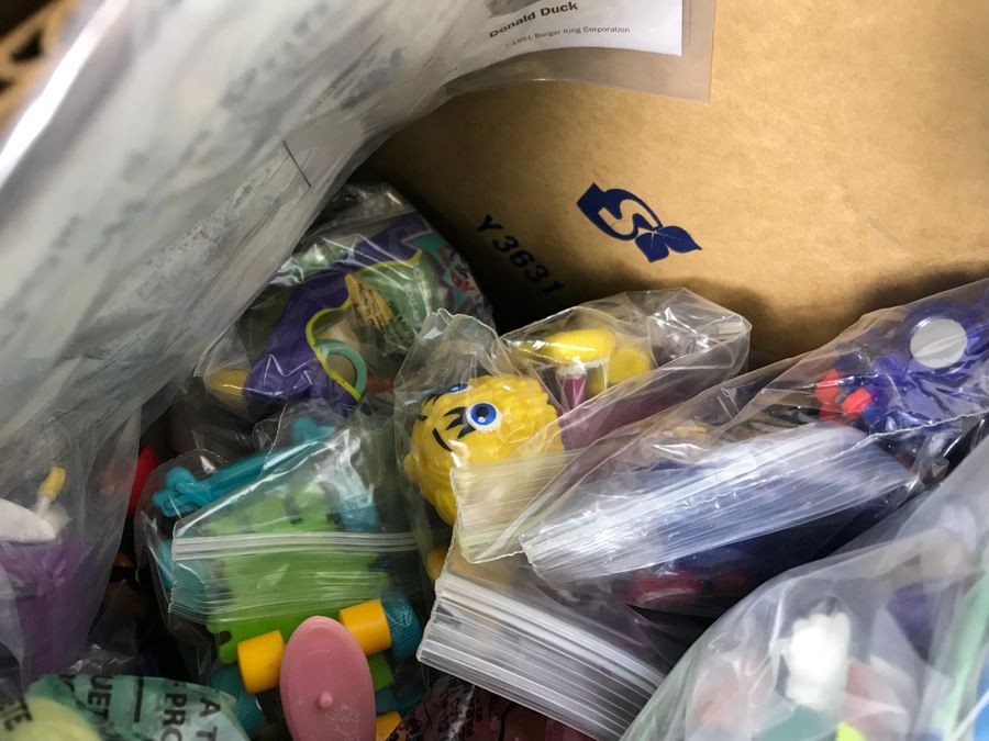 (3) Large Boxes Filled With Various McDonalds And Burger King Happy Meal Toys, Hot Wheels Posters, Sealed Nickelodeon Trivia Game, Winchester Stearman Biplane, San Diego State Chevron Car - See All Photos [Photo 29]