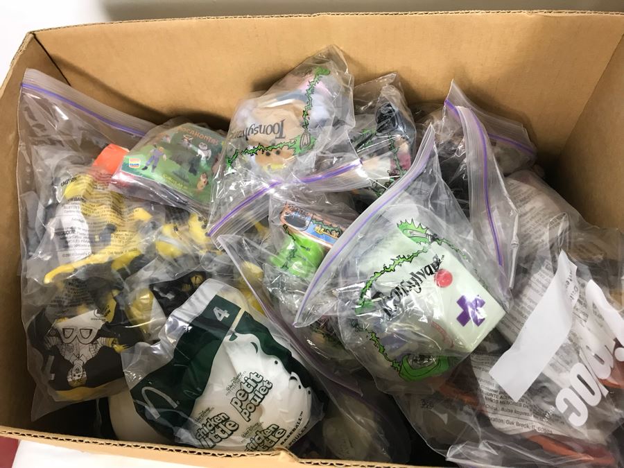 (3) Large Boxes Filled With Various McDonalds And Burger King Happy Meal Toys, Hot Wheels Posters, Sealed Nickelodeon Trivia Game, Winchester Stearman Biplane, San Diego State Chevron Car - See All Photos [Photo 9]