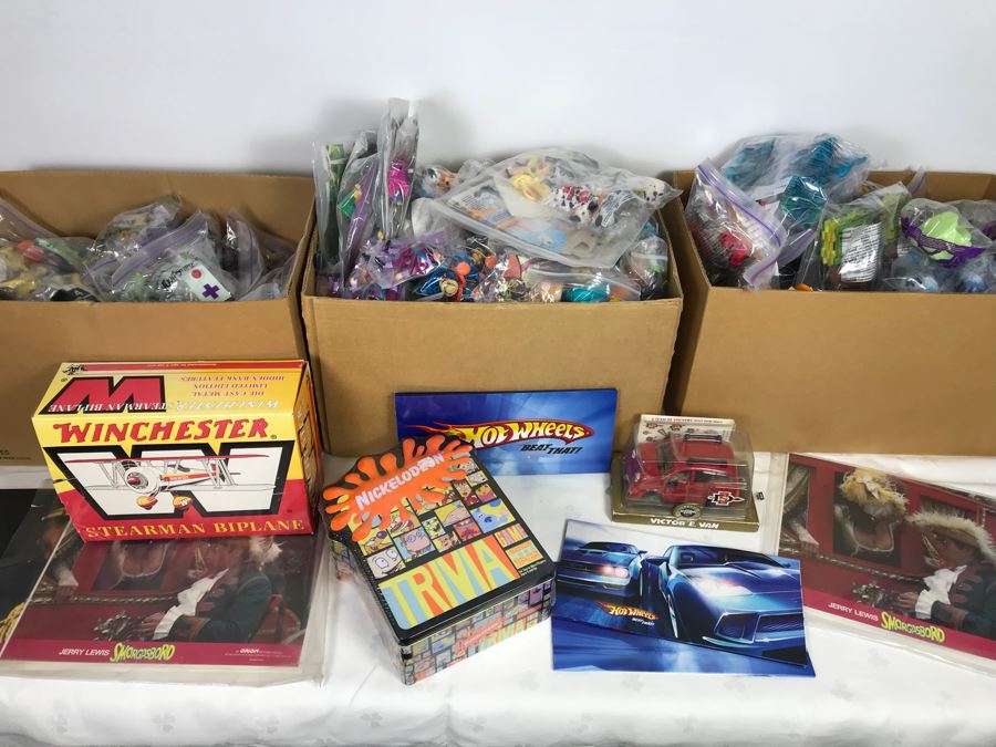 (3) Large Boxes Filled With Various McDonalds And Burger King Happy Meal Toys, Hot Wheels Posters, Sealed Nickelodeon Trivia Game, Winchester Stearman Biplane, San Diego State Chevron Car - See All Photos [Photo 2]