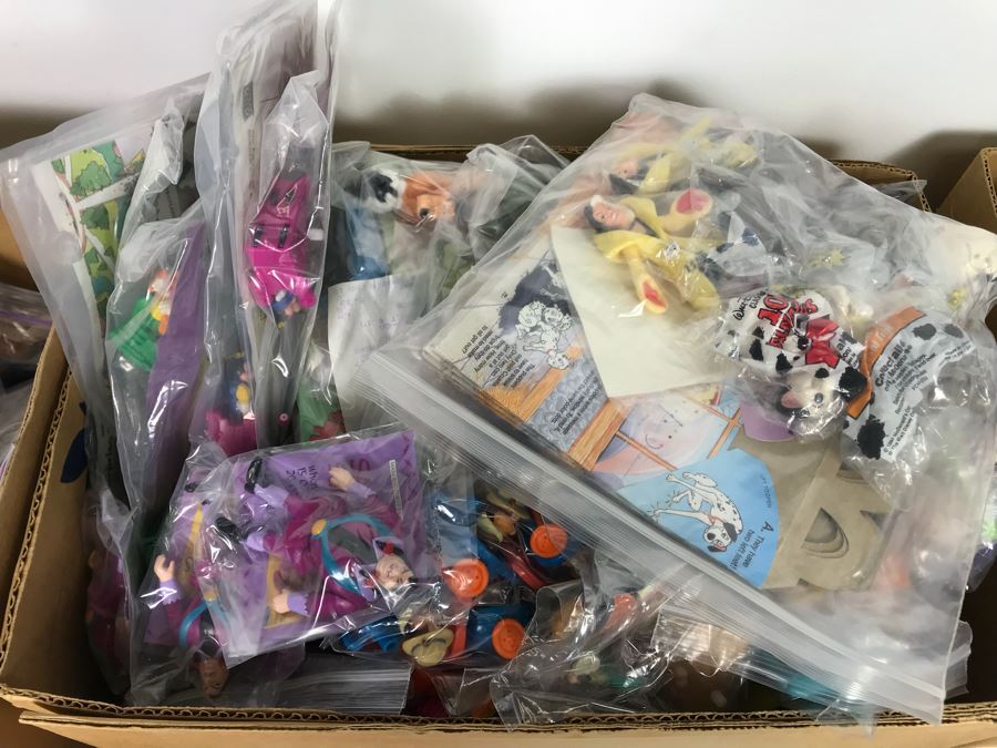 (3) Large Boxes Filled With Various McDonalds And Burger King Happy Meal Toys, Hot Wheels Posters, Sealed Nickelodeon Trivia Game, Winchester Stearman Biplane, San Diego State Chevron Car - See All Photos [Photo 8]