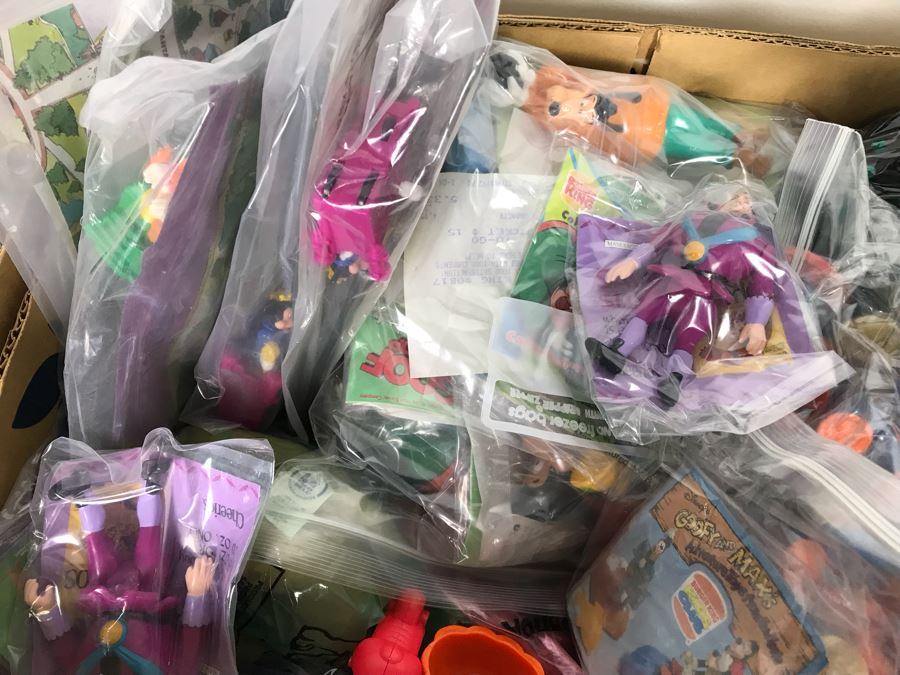 (3) Large Boxes Filled With Various McDonalds And Burger King Happy Meal Toys, Hot Wheels Posters, Sealed Nickelodeon Trivia Game, Winchester Stearman Biplane, San Diego State Chevron Car - See All Photos [Photo 26]