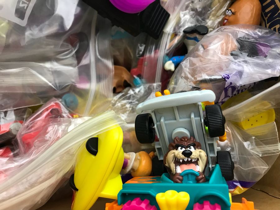 (3) Large Boxes Filled With Various McDonalds And Burger King Happy Meal Toys, Hot Wheels Posters, Sealed Nickelodeon Trivia Game, Winchester Stearman Biplane, San Diego State Chevron Car - See All Photos [Photo 22]