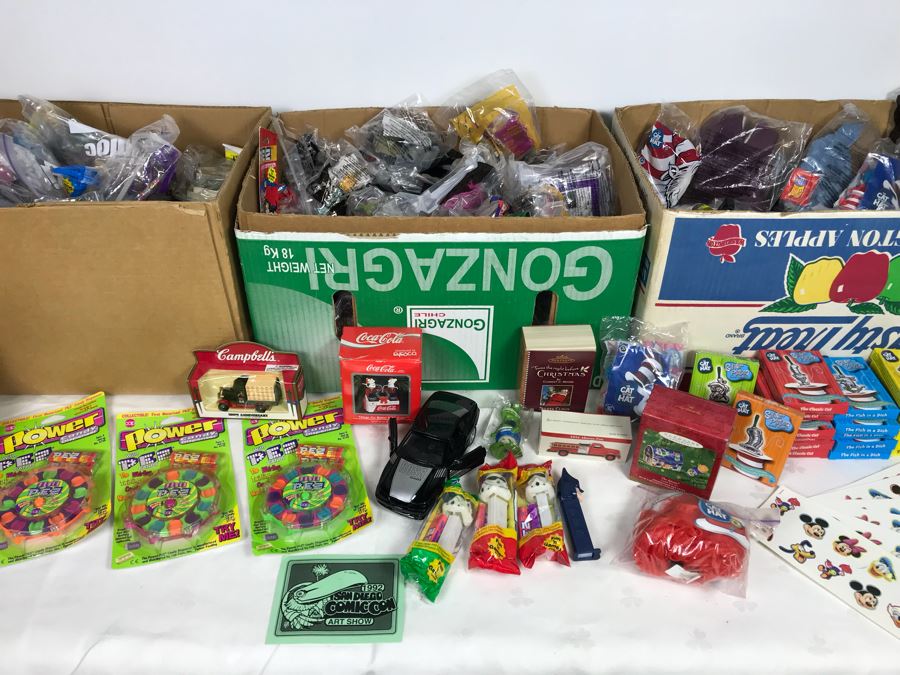 (3) Large Boxes Filled With Various McDonalds And Burger King Happy Meal Toys, Christmas Ornaments, Trading Cards Including Pokemon, PEZ Dispensers - See All Photos [Photo 5]