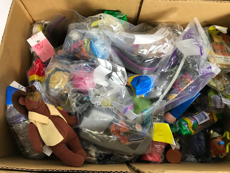 (3) Large Boxes Filled With Various McDonalds And Burger King Happy Meal Toys, Christmas Ornaments, Trading Cards Including Pokemon, PEZ Dispensers - See All Photos [Photo 53]