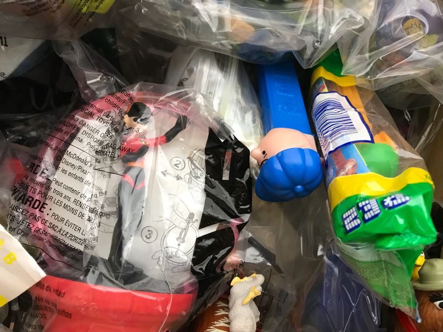 (3) Large Boxes Filled With Various McDonalds And Burger King Happy Meal Toys, Christmas Ornaments, Trading Cards Including Pokemon, PEZ Dispensers - See All Photos [Photo 56]