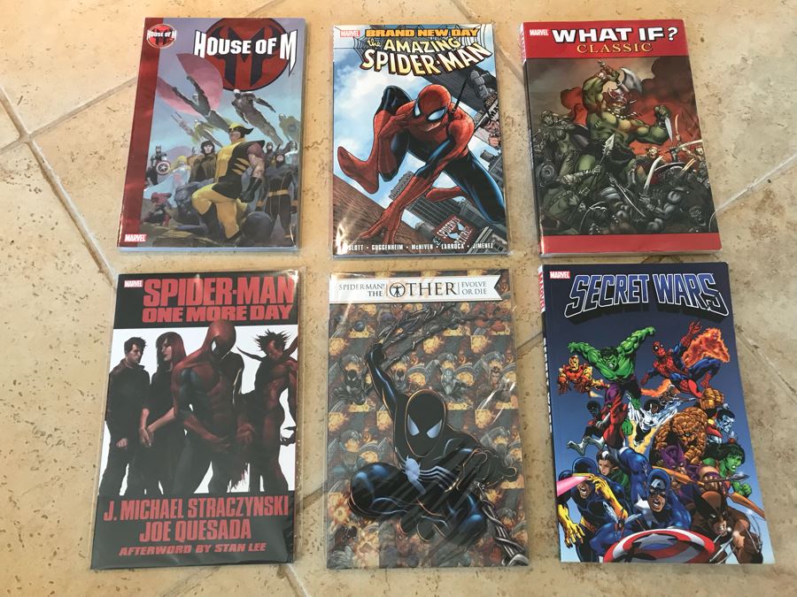 (6) Marvel Comics Trade Paperback Comic Books: Spider-Man, What If? Classic, Secret Wars, House Of M