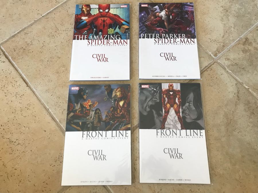 (4) Marvel Comics Trade Paperback Comic Books: Civil War Amazing Spider-Man, Front Line, Peter Parker Spider-Man