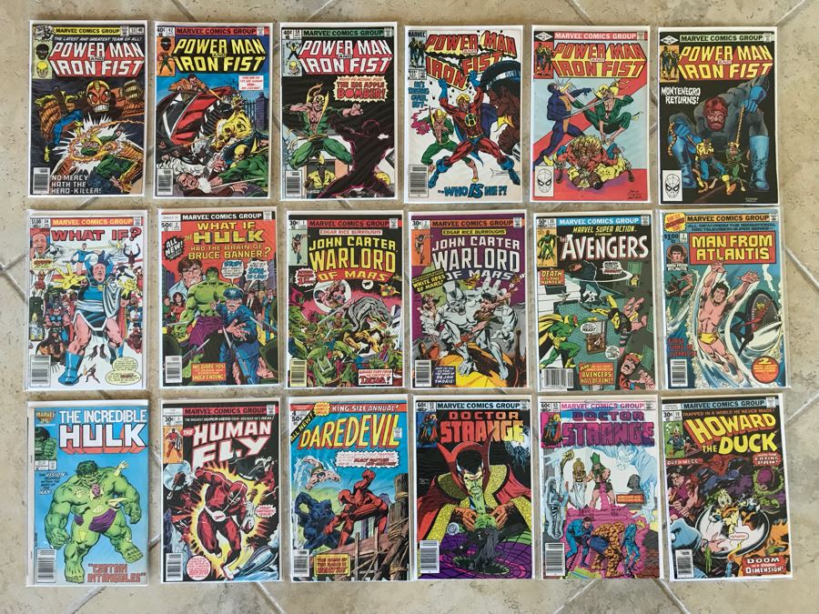 (18) Vintage Marvel Comic Books: Power Man And Iron Fist, John Carter Warlord Of Mars Edgar Rice Burroughs, Avengers, Man From Atlantis 1, The Human Fly 1, Hulk, Doctor Strange, Howard The Duck