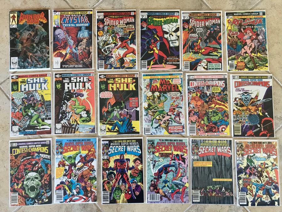 (18) Vintage Marvel Comic Books: Wonder Man 1, Saga Of Crystar Crystal Warrior 1, The Spider-Woman, Red Sonja 1, Savage She-Hulk, Ms Marvel,  Contest Of Champions 1, Marvel Super Heroes Secret Wars 1