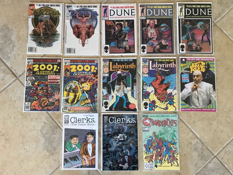 Vintage Movie TV Series Comic Books: Marvel Edgar Rice Burroughs Tarzan Of The Apes Issue 1, Dune 1, 2001: A Space Odyssey, Labyrinth 1, Austin Powers The Spy Who Shagged Me, Clerks, Thundercats 1