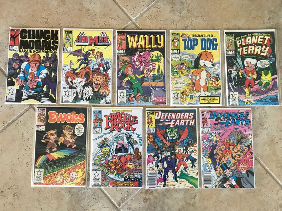 (9) Vintage Star Comics: Chuck Norris Issue 1, Animax 1, Wally The Wizard 1, Secret Life Of Top Dog 1, Planet Terry 1, Ewoks 1, Fraggle Rock 1, Defenders Of The Earth 1 [Photo 1]