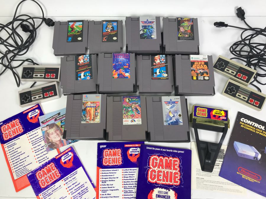 (11) Vintage Nintendo Video Games Incl California Games, Top Gun, Tetris, Thrilla's Surfari And Game Genie Video Game Enhancer With (4) Nintendo Video Game Controllers