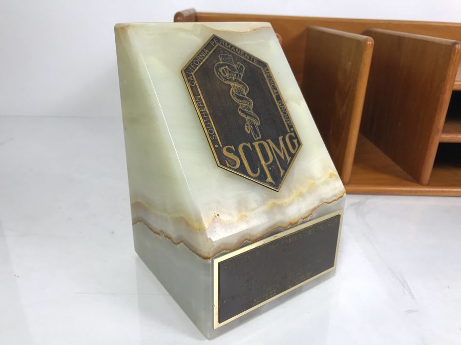 Teak Wooden Office Files Paper Organizer With Pair Of Genuine Onyx Stone Bookends [Photo 4]