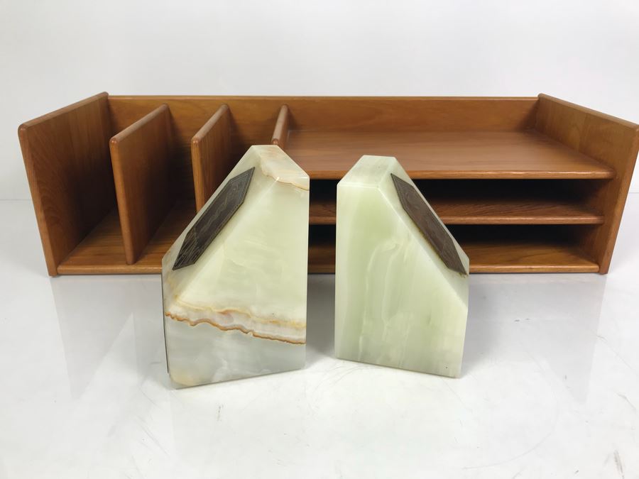 Teak Wooden Office Files Paper Organizer With Pair Of Genuine Onyx Stone Bookends [Photo 10]