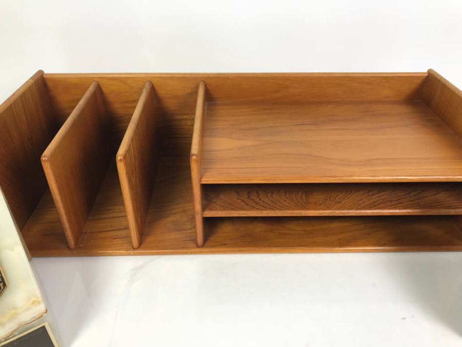 Teak Wooden Office Files Paper Organizer With Pair Of Genuine Onyx Stone Bookends [Photo 3]