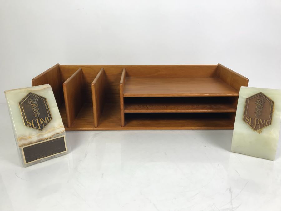 Teak Wooden Office Files Paper Organizer With Pair Of Genuine Onyx Stone Bookends [Photo 1]