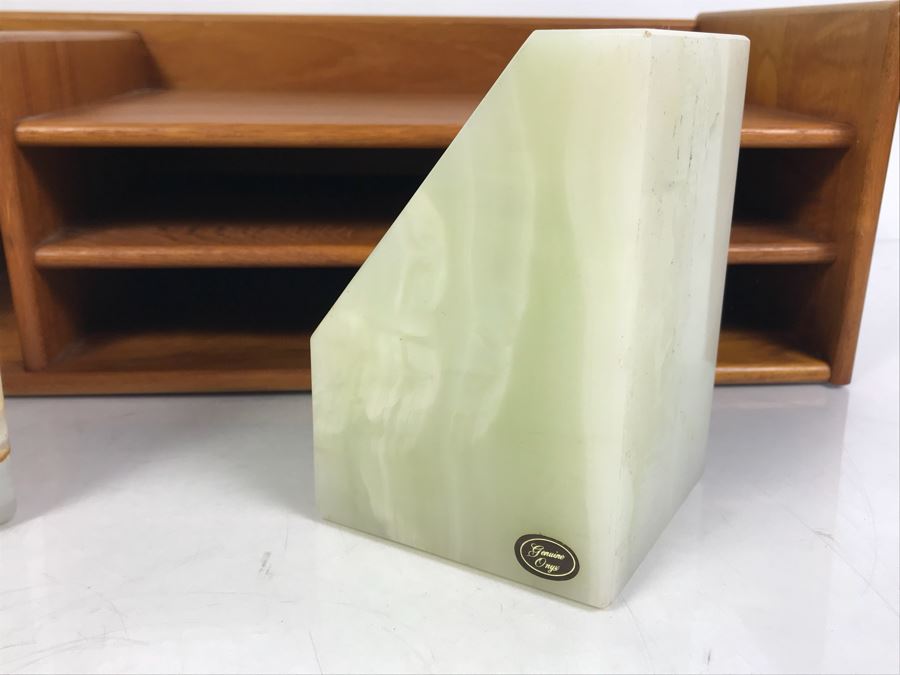 Teak Wooden Office Files Paper Organizer With Pair Of Genuine Onyx Stone Bookends [Photo 8]