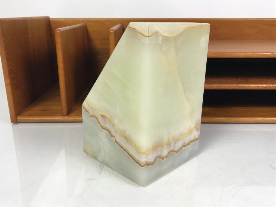 Teak Wooden Office Files Paper Organizer With Pair Of Genuine Onyx Stone Bookends [Photo 7]