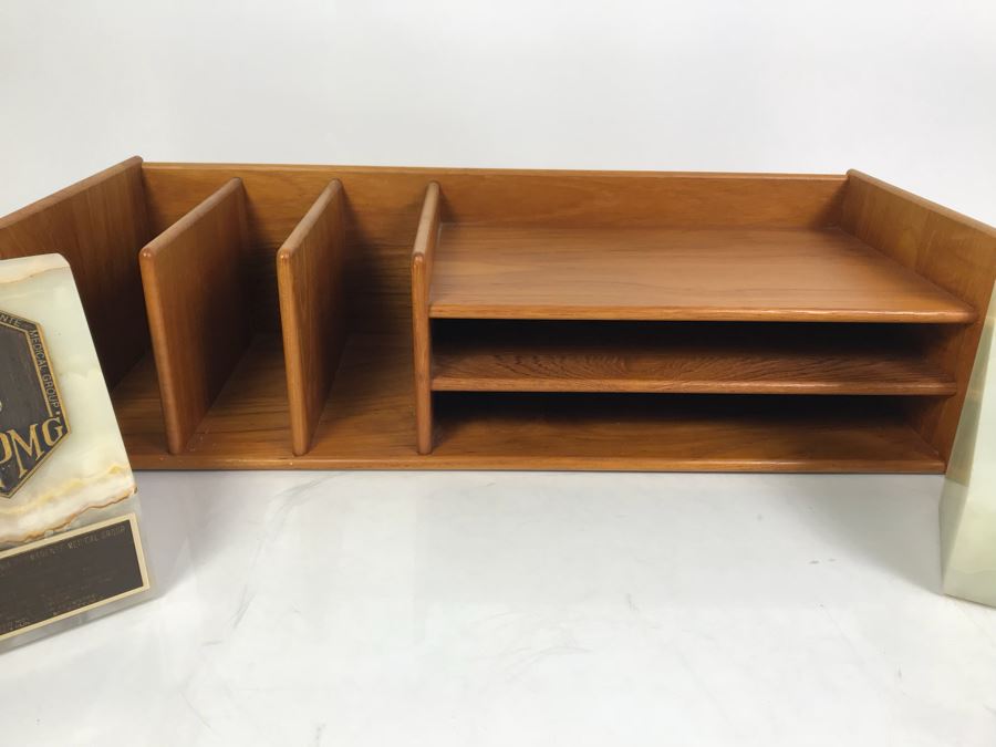 Teak Wooden Office Files Paper Organizer With Pair Of Genuine Onyx Stone Bookends [Photo 2]