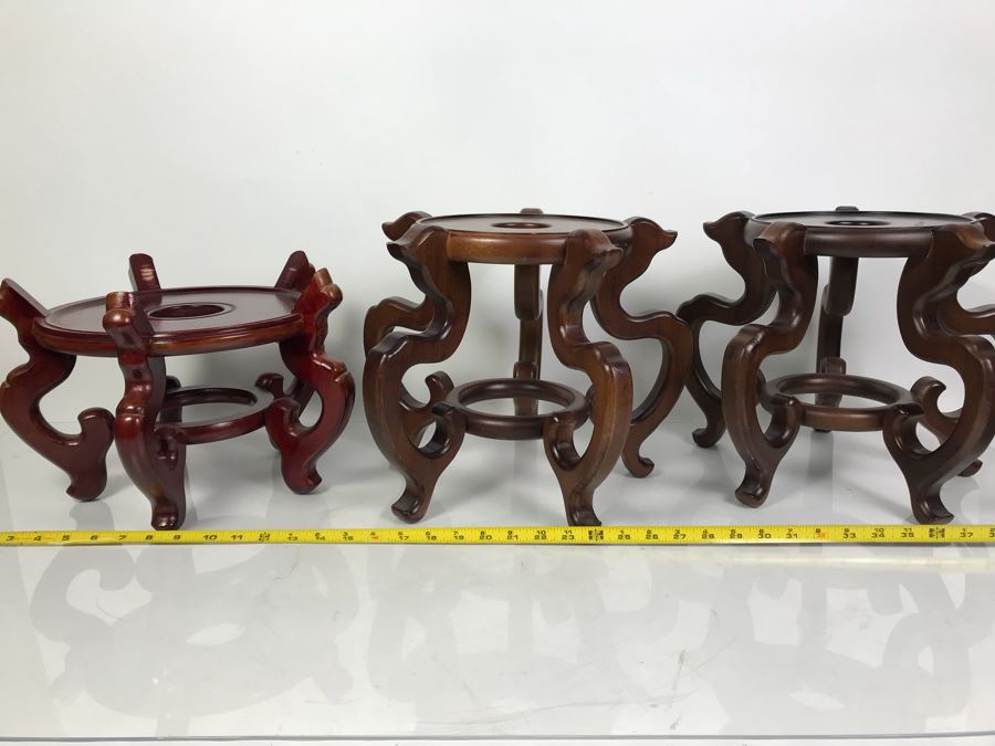 Set Of (3) Large Wooden Asian Pot Display Stands [Photo 1]