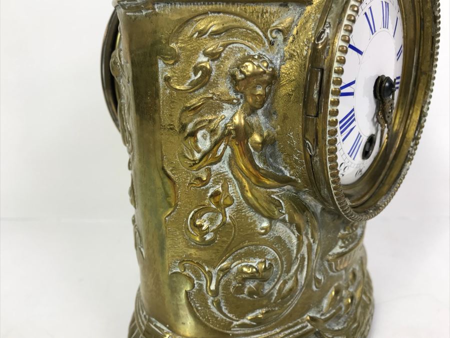 Stunning Vintage Brass Mechanical Carriage Clock Ornately Embossed Mantel Clock With Porcelain Dial Working [Photo 7]