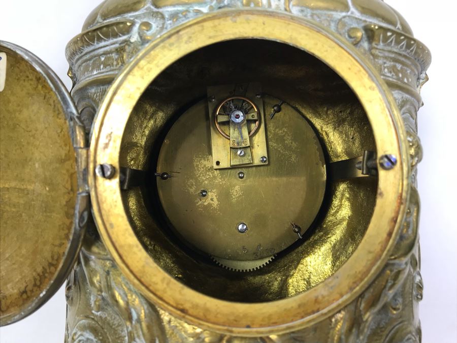 Stunning Vintage Brass Mechanical Carriage Clock Ornately Embossed Mantel Clock With Porcelain Dial Working [Photo 12]