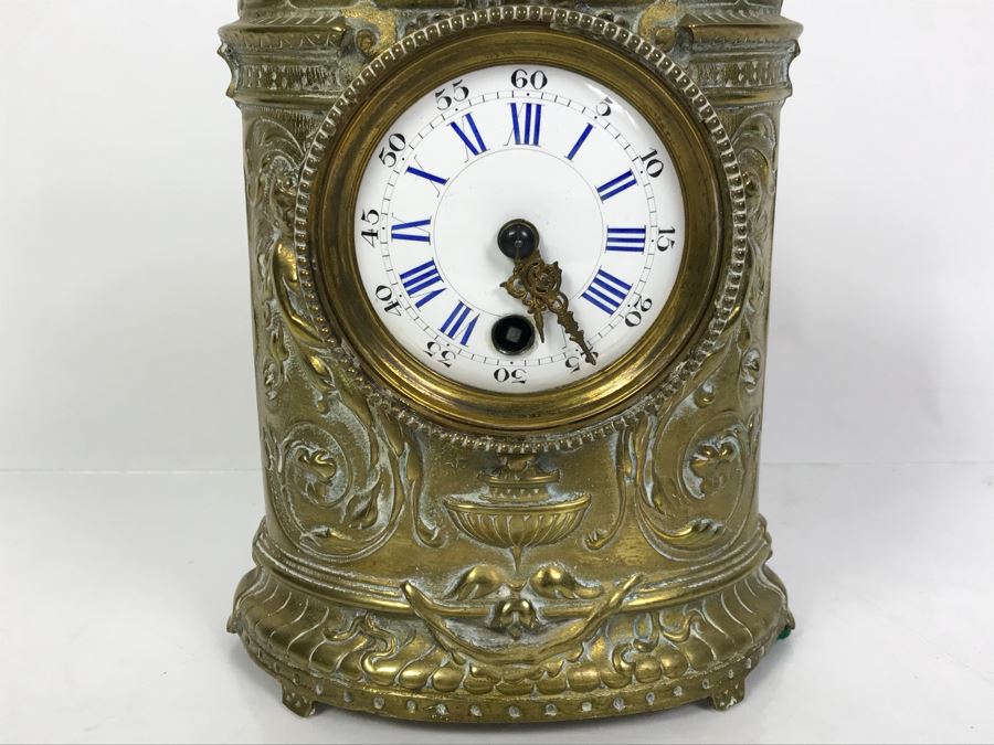Stunning Vintage Brass Mechanical Carriage Clock Ornately Embossed Mantel Clock With Porcelain Dial Working [Photo 3]