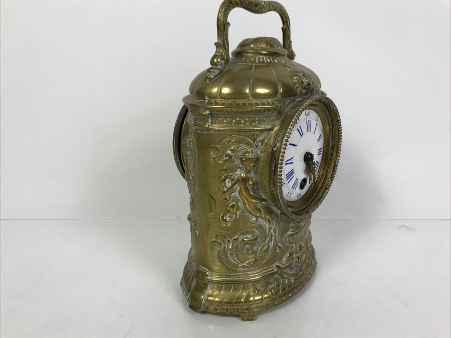 Stunning Vintage Brass Mechanical Carriage Clock Ornately Embossed Mantel Clock With Porcelain Dial Working [Photo 6]