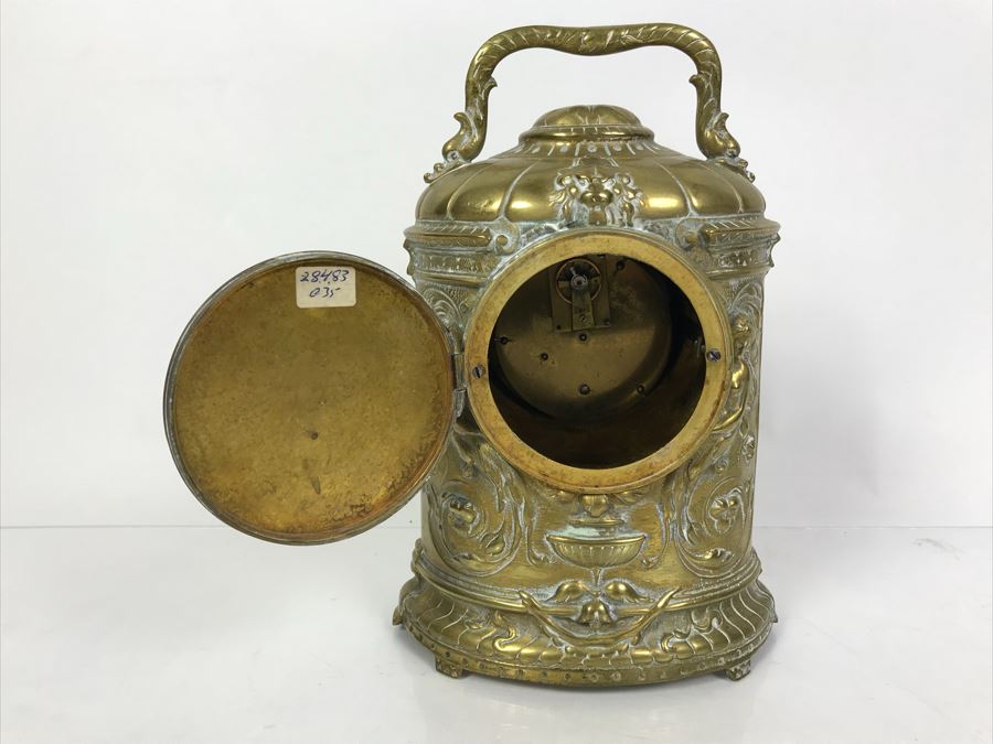Stunning Vintage Brass Mechanical Carriage Clock Ornately Embossed Mantel Clock With Porcelain Dial Working [Photo 10]