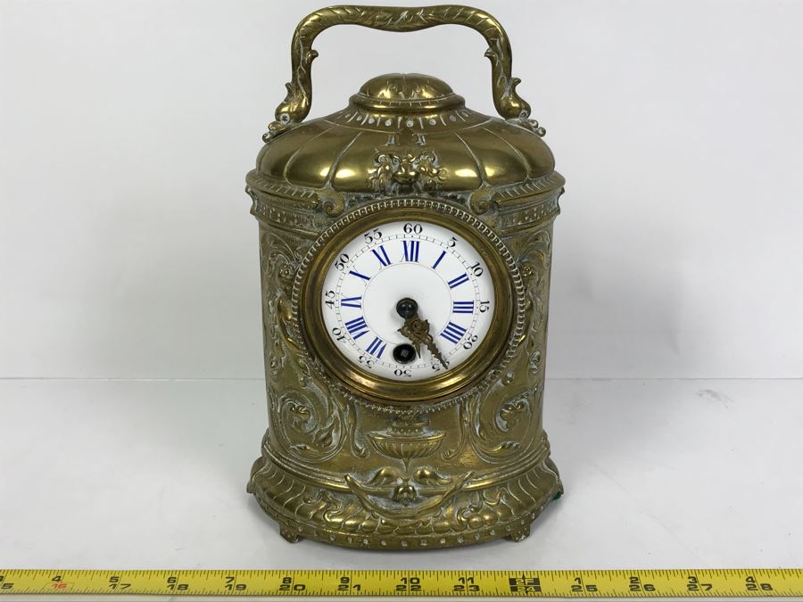 Stunning Vintage Brass Mechanical Carriage Clock Ornately Embossed Mantel Clock With Porcelain Dial Working [Photo 2]