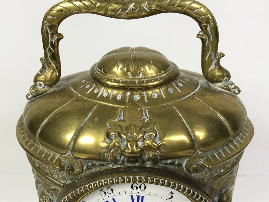 Stunning Vintage Brass Mechanical Carriage Clock Ornately Embossed Mantel Clock With Porcelain Dial Working [Photo 5]