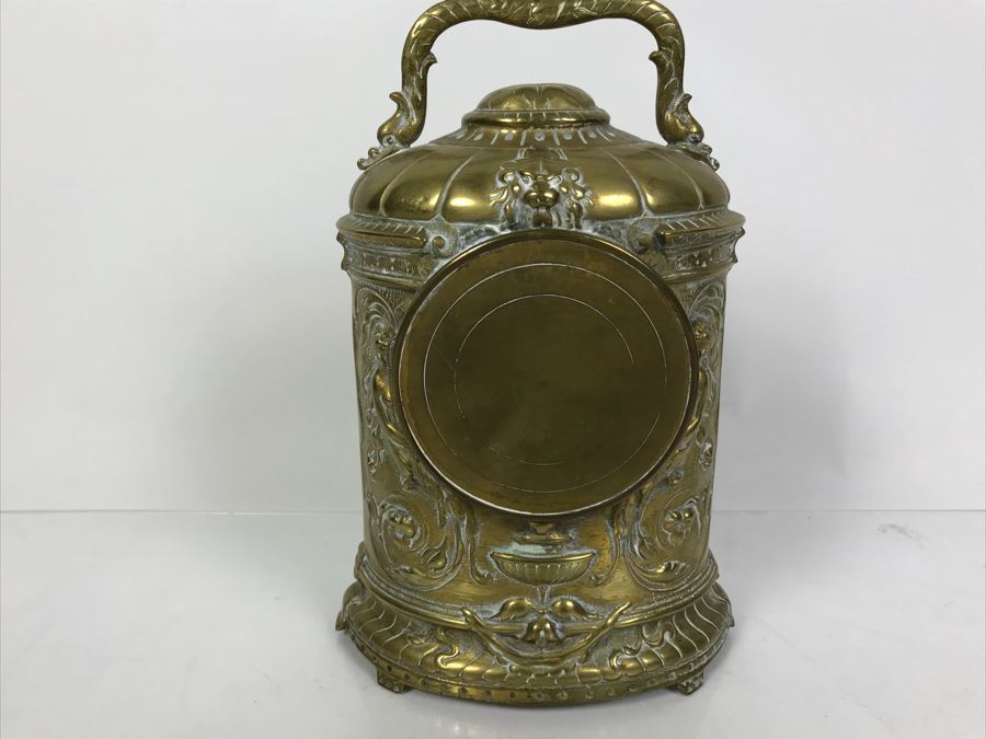 Stunning Vintage Brass Mechanical Carriage Clock Ornately Embossed Mantel Clock With Porcelain Dial Working [Photo 9]