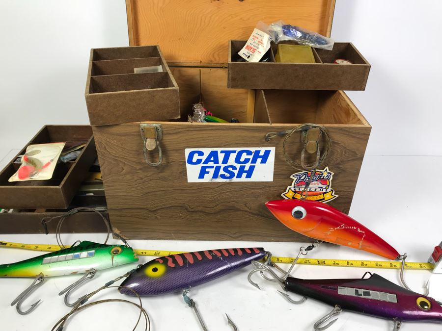 Large Wooden Tackle Box With Large Saltwater Fishing Lures And Various