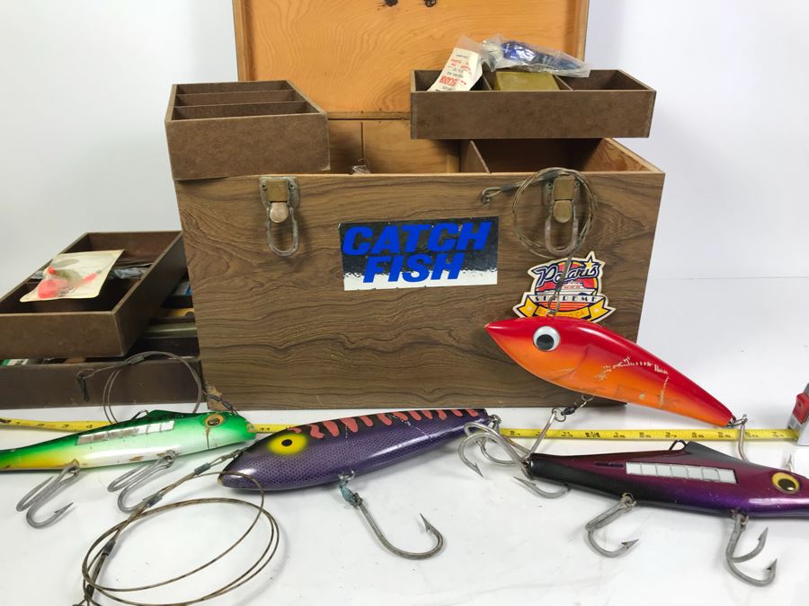 Large Wooden Tackle Box With Large Saltwater Fishing Lures And Various Fishing Tackle And Metal Lures - See Photos For More Inside Box [Photo 1]