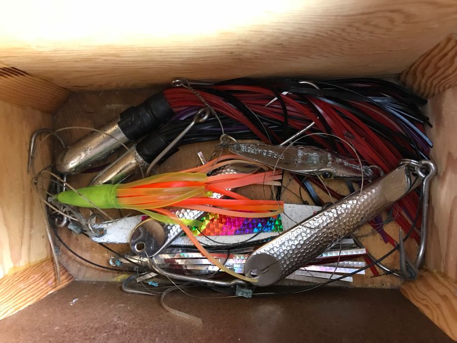 Large Wooden Tackle Box With Large Saltwater Fishing Lures And Various Fishing Tackle And Metal Lures - See Photos For More Inside Box [Photo 4]