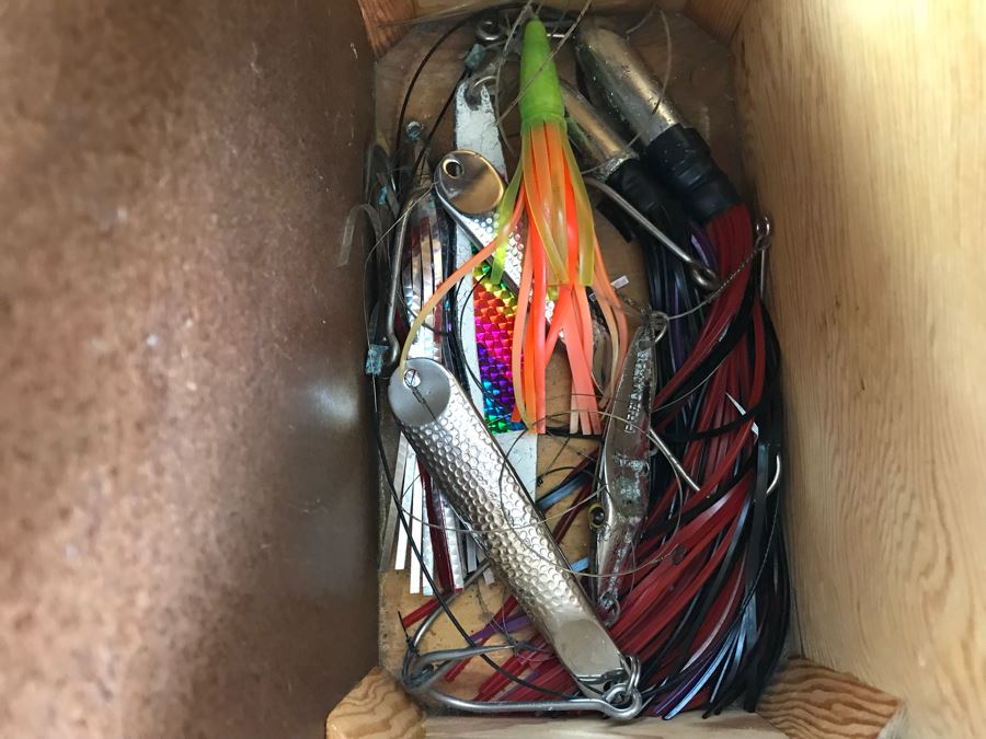 Large Wooden Tackle Box With Large Saltwater Fishing Lures And Various Fishing Tackle And Metal Lures - See Photos For More Inside Box [Photo 15]